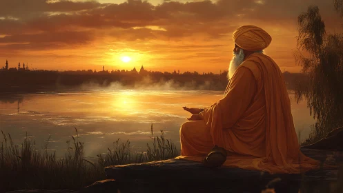 Sunlit sage in saffron robes greeting the river’s quiet glow.