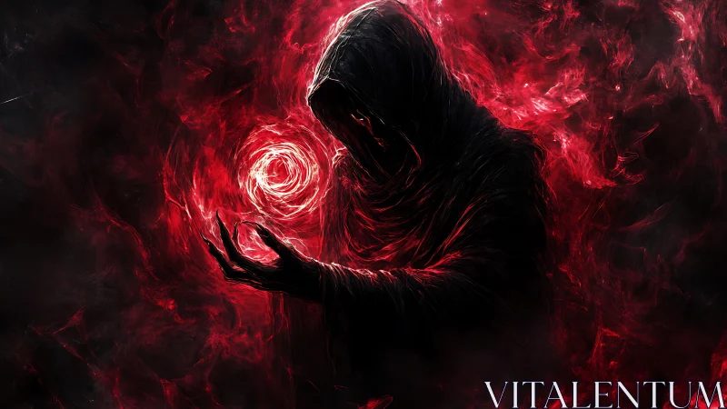 Hooded voidweaver cradles a crimson vortex of burning light