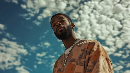 Cool confidence rises beneath a sky of drifting clouds