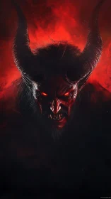 Demonic horned visage emerging from infernal red smoke.