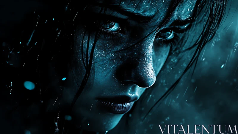Rain-soaked woman stares intensely through blue-tinged darkness