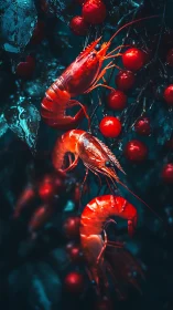Neon crustaceans entwined with berries in cinematic macro study.