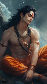 Meditative warrior rests in stormlit coastal serenity