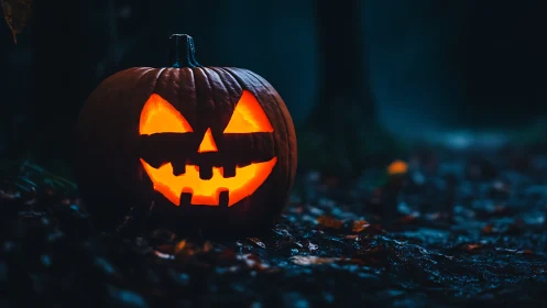 Glowing jack o lantern on wet forest path at night.