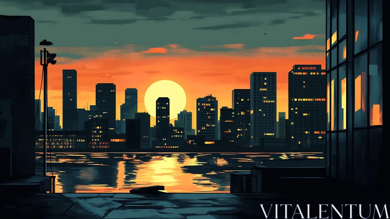 Sunset city skyline reflected across a quiet riverfront.