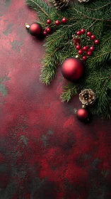 Red Christmas ornaments rest on evergreen branches gracefully.