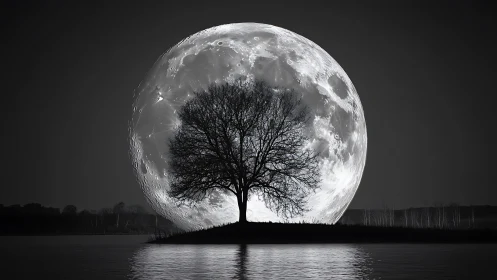 Monochrome lunar backdrop envelops silhouetted lakeside tree