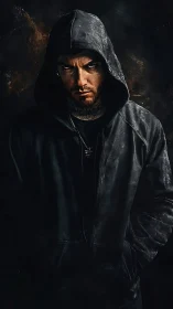 Brooding hooded man in dark textured streetwear portrait.