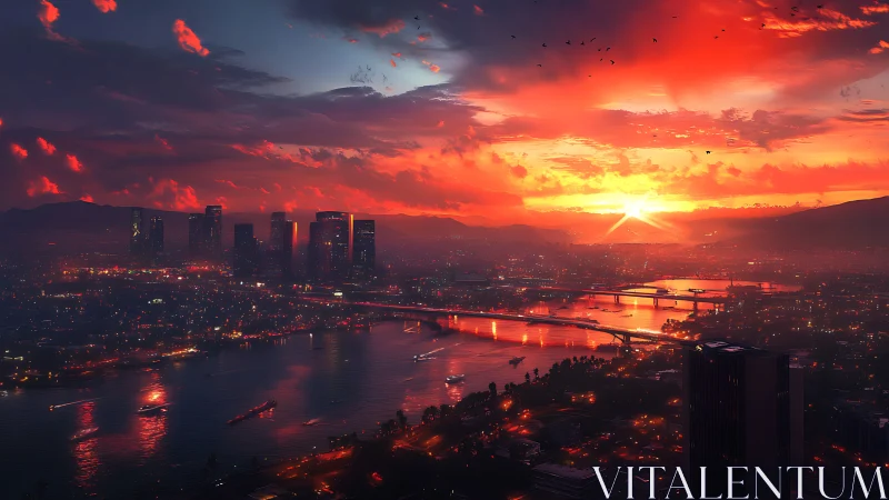 Sunset illuminates dense riverside city with glowing skyline