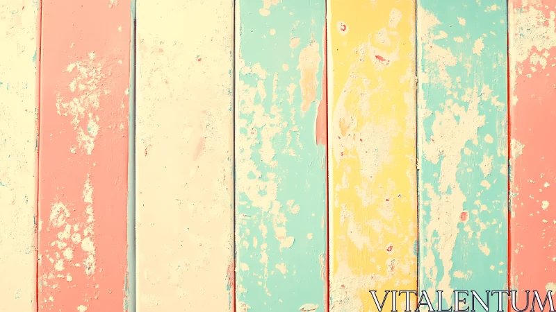 Weathered pastel timber planks with peeling paint stratification.