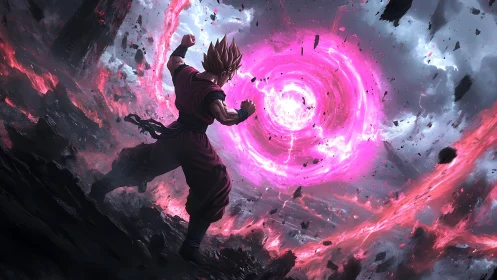 Dynamic anime battle vortex with magenta energy core field.