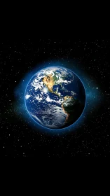 Planet Earth in deep space with illuminated continents and halo glow.