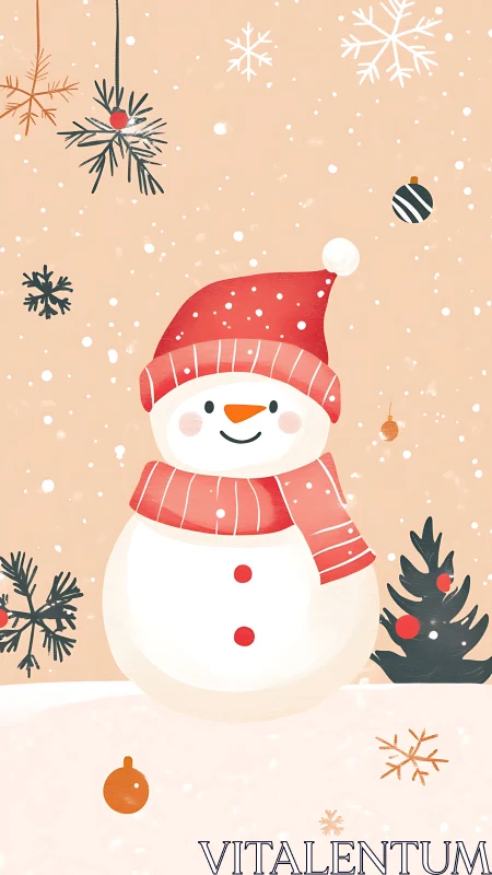 Vector snowman illustration with stylized winter ornaments.