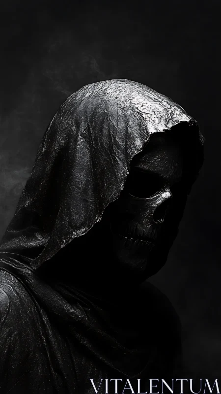 Midnight reaper leans from shadow, carved in dripping black