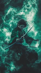 Sword-wielding figure in teal energy cloud environment.