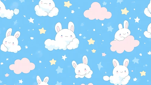 Kawaii cloud bunnies float among pastel stars and clouds