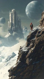 Lone astronaut overlooking towering alien ice megacity.