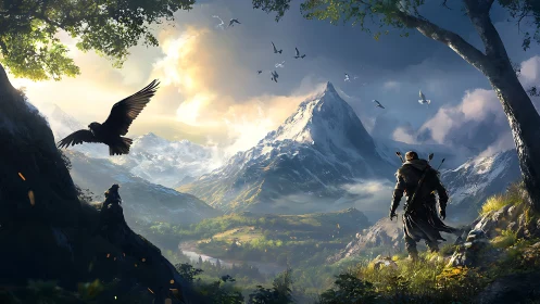 Solitary figure surveys alpine valley beneath central peak