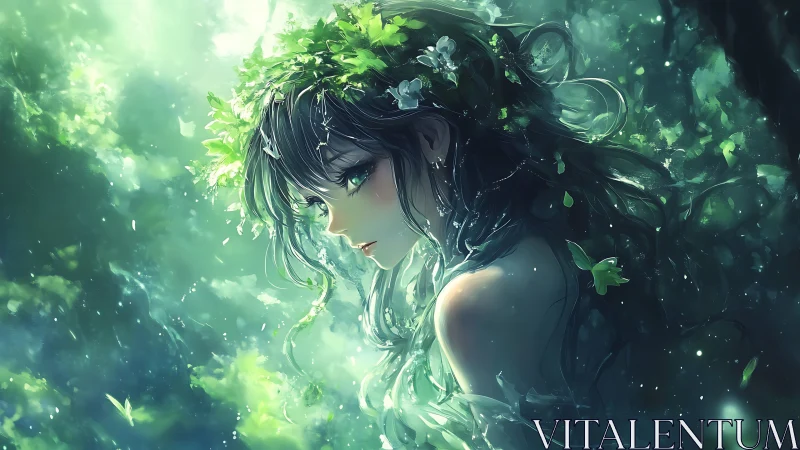 Side profile of forest-themed female figure in green light