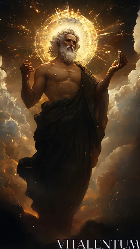 Storm-forged elder strides through blazing celestial halo