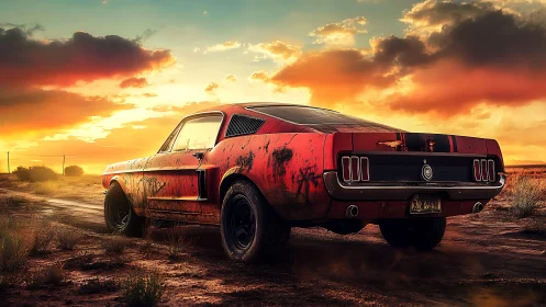 Weathered muscle car rests on muddy desert road at sunset