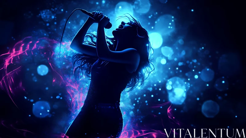 Backlit spectral vocalist in neon bokeh acoustic field.
