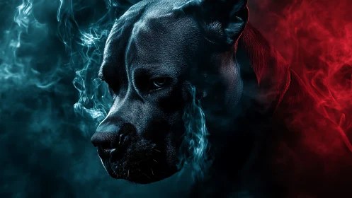 Brooding black dog emerges from blue and red smoky shadows