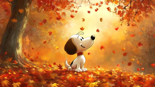 Joyful cartoon puppy basking in golden autumn leaves.
