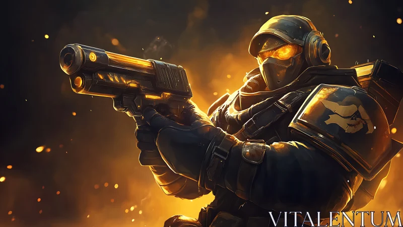 Armored space soldier aims glowing sci-fi pistol in embers.