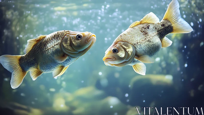 Two puzzled carp trade gossip in sun-dappled river light