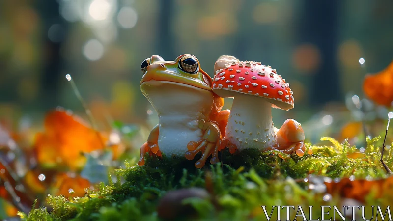 Mossy throne crowns a glossy frog beside ruby-spotted mushroom