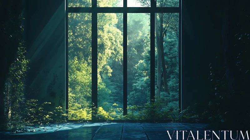 Forest pavilion interior with expansive glazing toward verdant woodland canopy.