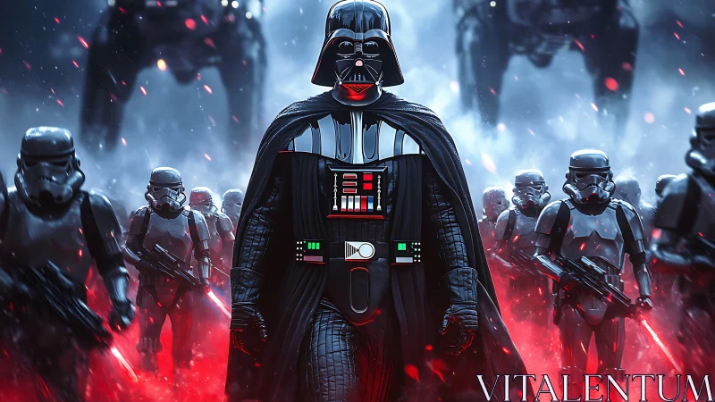 Shadowy sci fi commander strides through glowing battle haze.