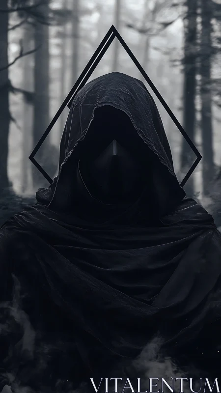 Hooded void figure shrouded in smoke within misted forest.