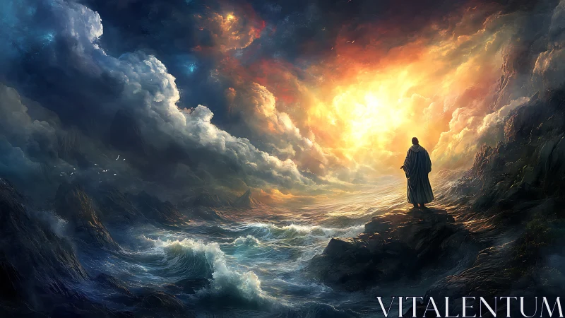 Solitary dreamer greeting the stormlit, glowing horizon.