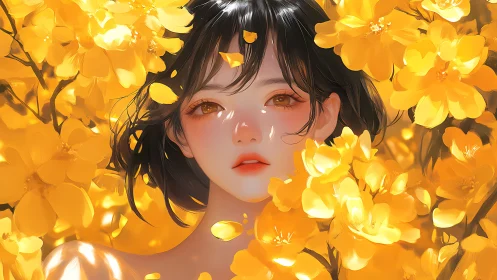Luminous anime portrait framed by golden floral cascade.