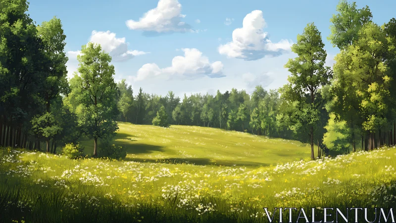 Sunlit wildflower meadow bordered by mixed deciduous forest