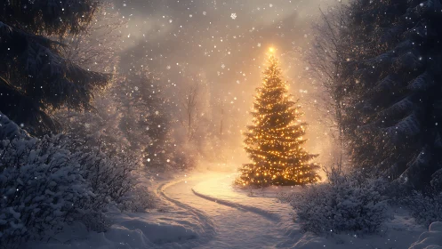 Golden Christmas tree glowing softly in a snowy forest.