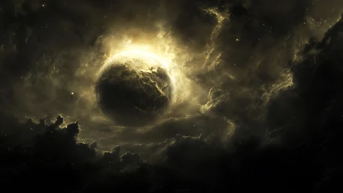 Dark planet engulfed in radiant cosmic storm clouds.