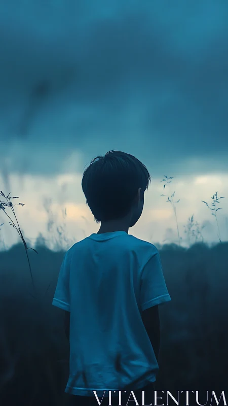 Solitary child silhouette in blue dusk field atmosphere.