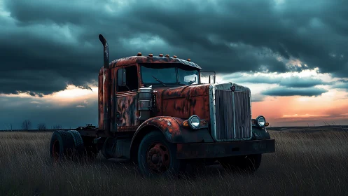 Rusty semi truck in tall grass under stormy sunset sky.