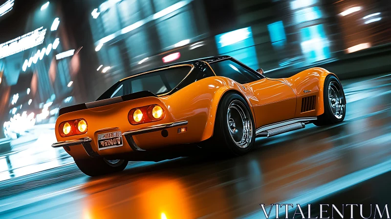 Midnight sprint by orange classic sports coupe on neon streets.