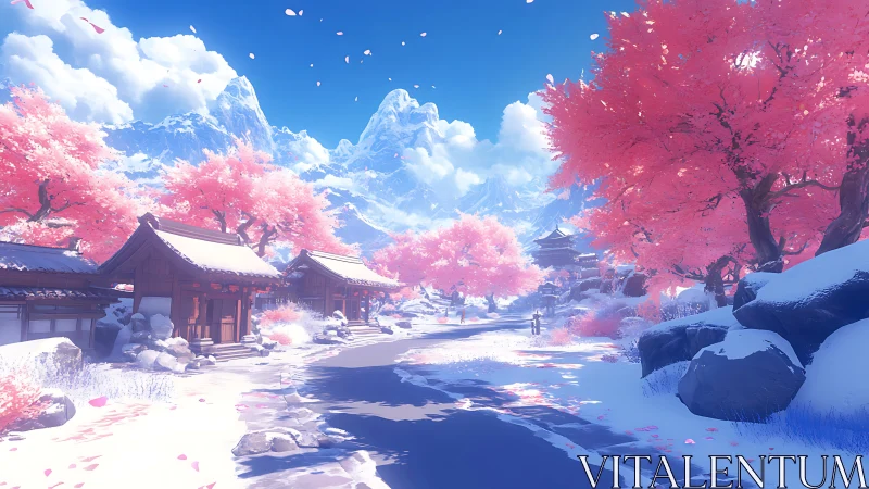 Peaceful mountain village under glowing pink blossoms.