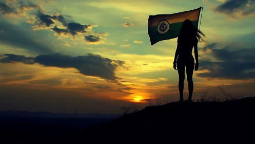Silhouetted woman with Indian flag at vivid sunset horizon.