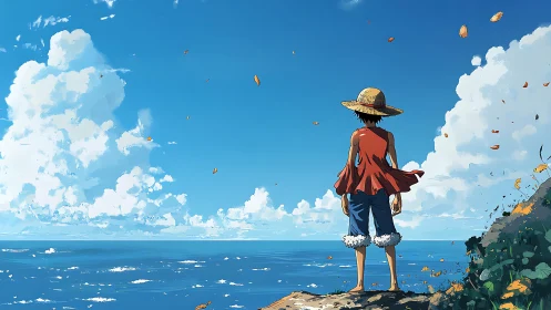 Boy in straw hat stands on cliff edge facing open sea.