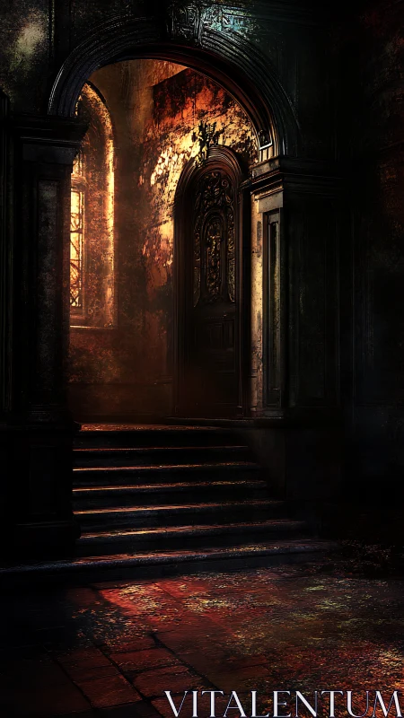 Gothic archway stairwell in dramatic chiaroscuro lighting.