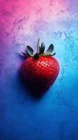 Single strawberry on textured neon gradient surface.