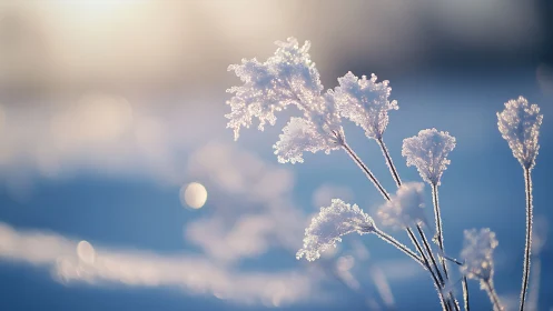 Frost covered wildflower stems against soft winter light.