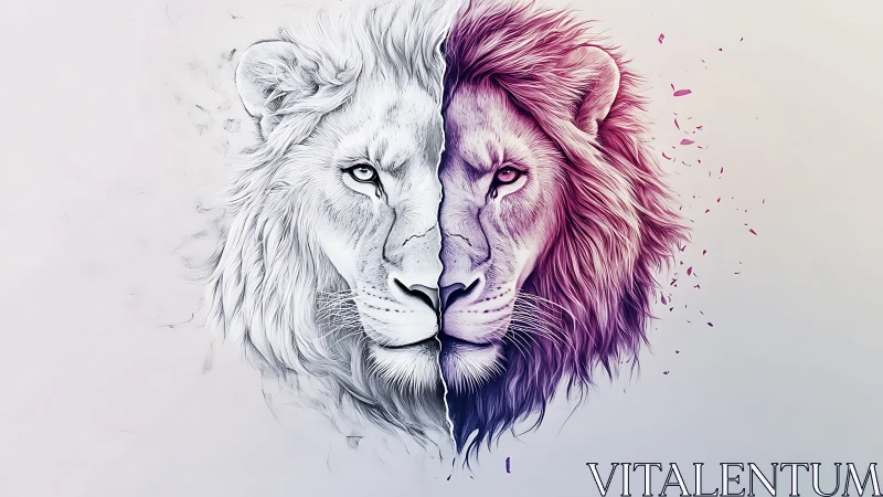 Twin-tone lion spirit split between sketch and neon fire.