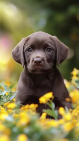 Photorealistic chocolate puppy portrait in floral foreground focus.
